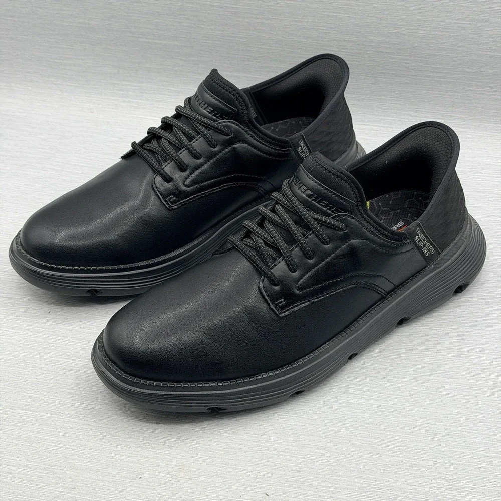 Skechers Garza Slip Ins Men's 11 Wide 2E Black Leather Shoes Hands Free Comfort